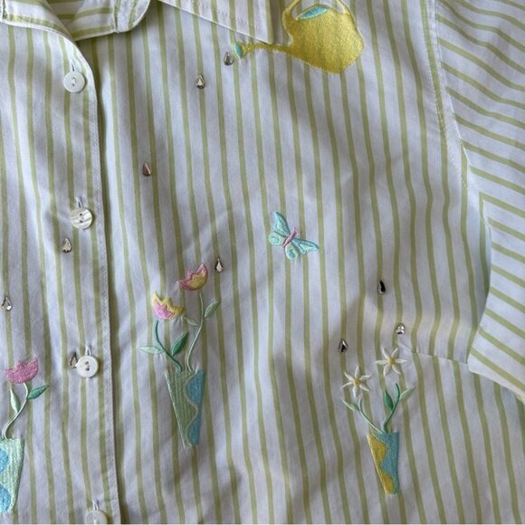 Vintage Tabi Pinstriped Cottagecore Floral Embroidered Sequins Button Down Shirt - Picture 8 of 13